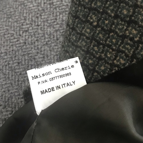 Maison Cherie Green Black 100% Wool Geo Print Coat With Fur Collar - Picture 10 of 11